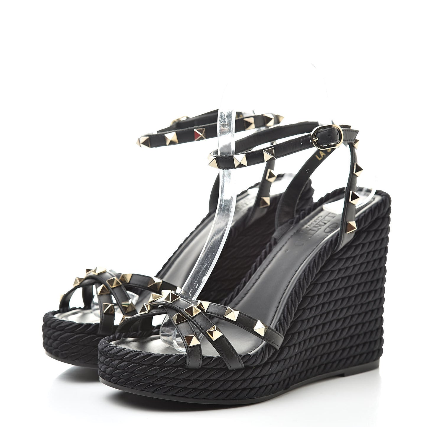 Calfskin Rockstud Ankle Strap Torchon Espadrille 25/95mm Wedge Sandals 36 Black