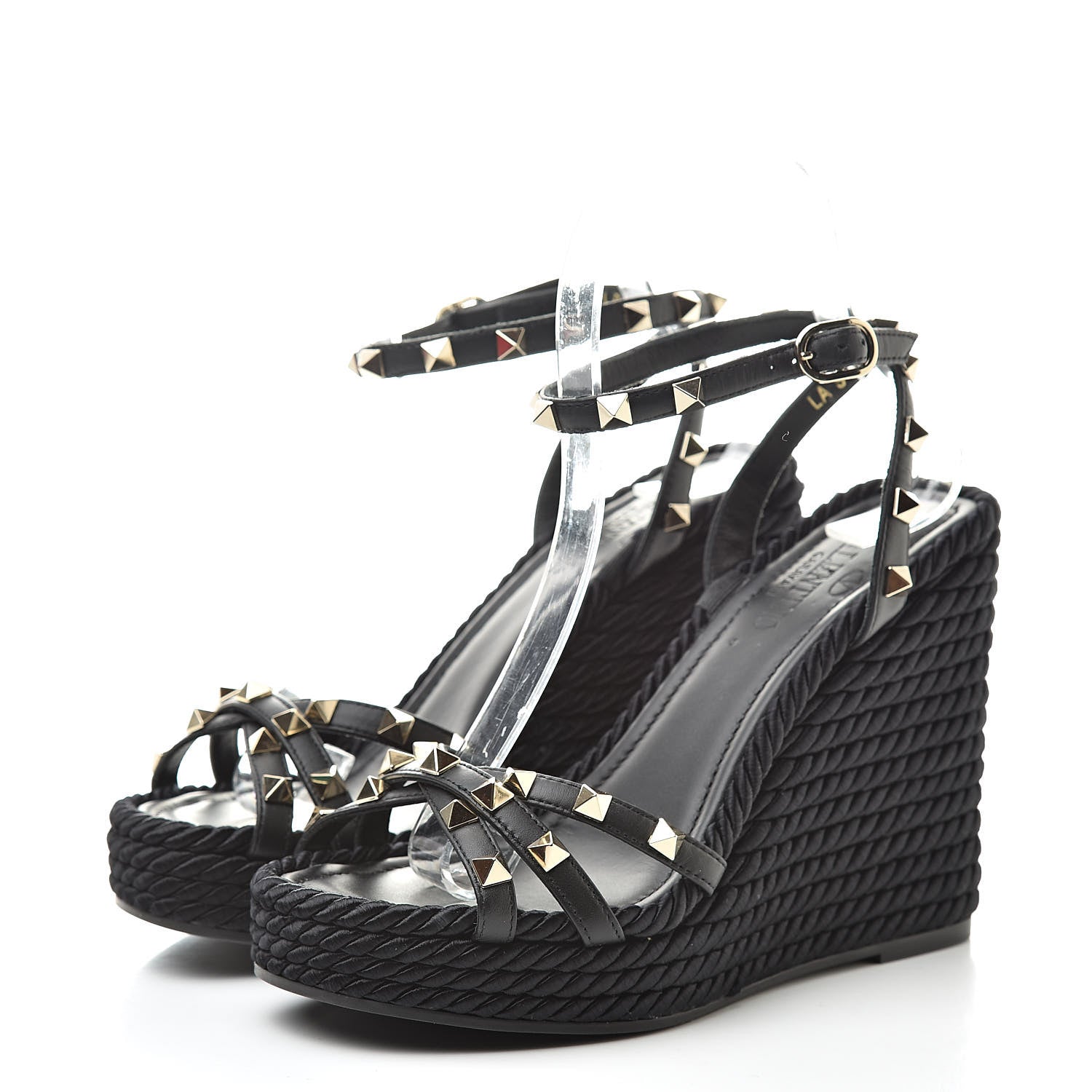 Valentino Garavani Calfskin Rockstud Ankle Strap Torchon Espadrille 25/95mm Wedge Sandals 36 Black 3 of 10