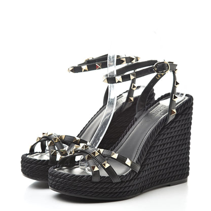 Valentino Garavani Calfskin Rockstud Ankle Strap Torchon Espadrille 25/95mm Wedge Sandals 36 Black 3 of 10