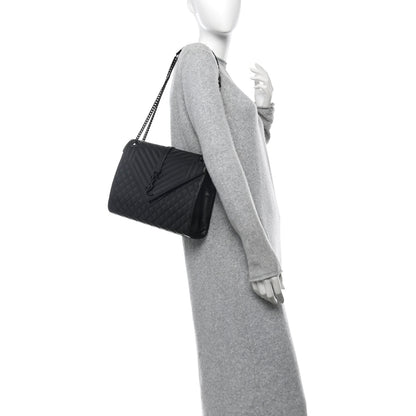 Saint Laurent Grain De Poudre Textured Mixed Matelasse Large Triquilt Monogram Monochrome Satchel Black 2 of 11