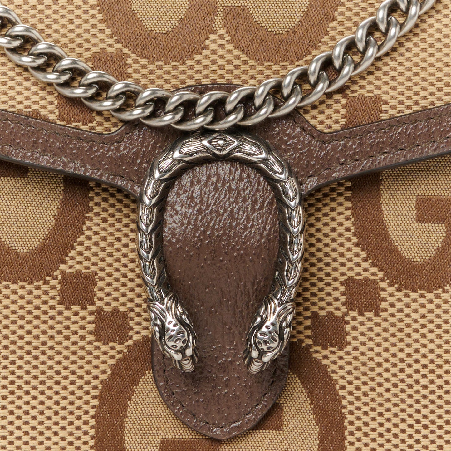 Monogram Jumbo GG Textured Dollar Calfskin Mini Dionysus Chain Wallet Camel Ebony New Acero
