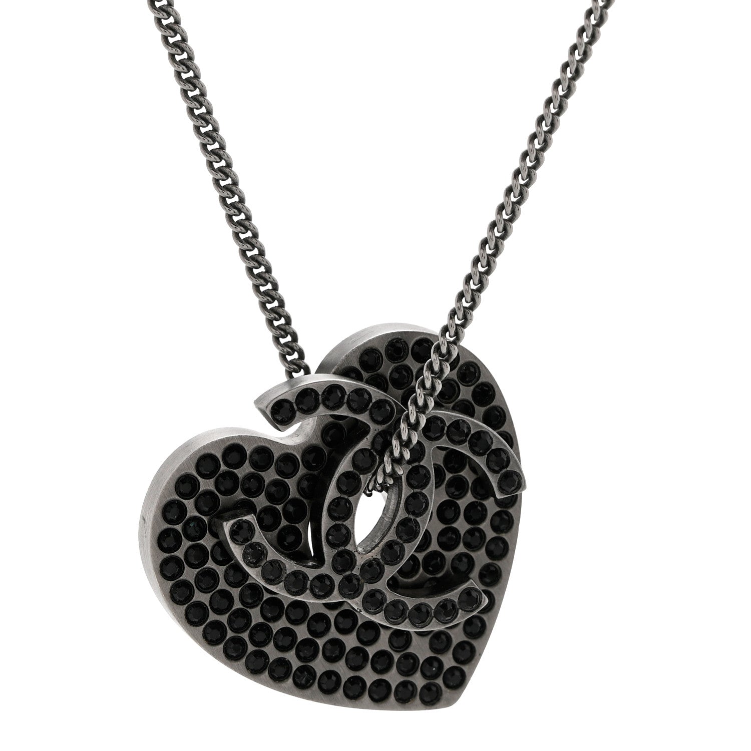 Chanel Ruthenium Crystal CC Heart Charm Necklace Black 4 of 5