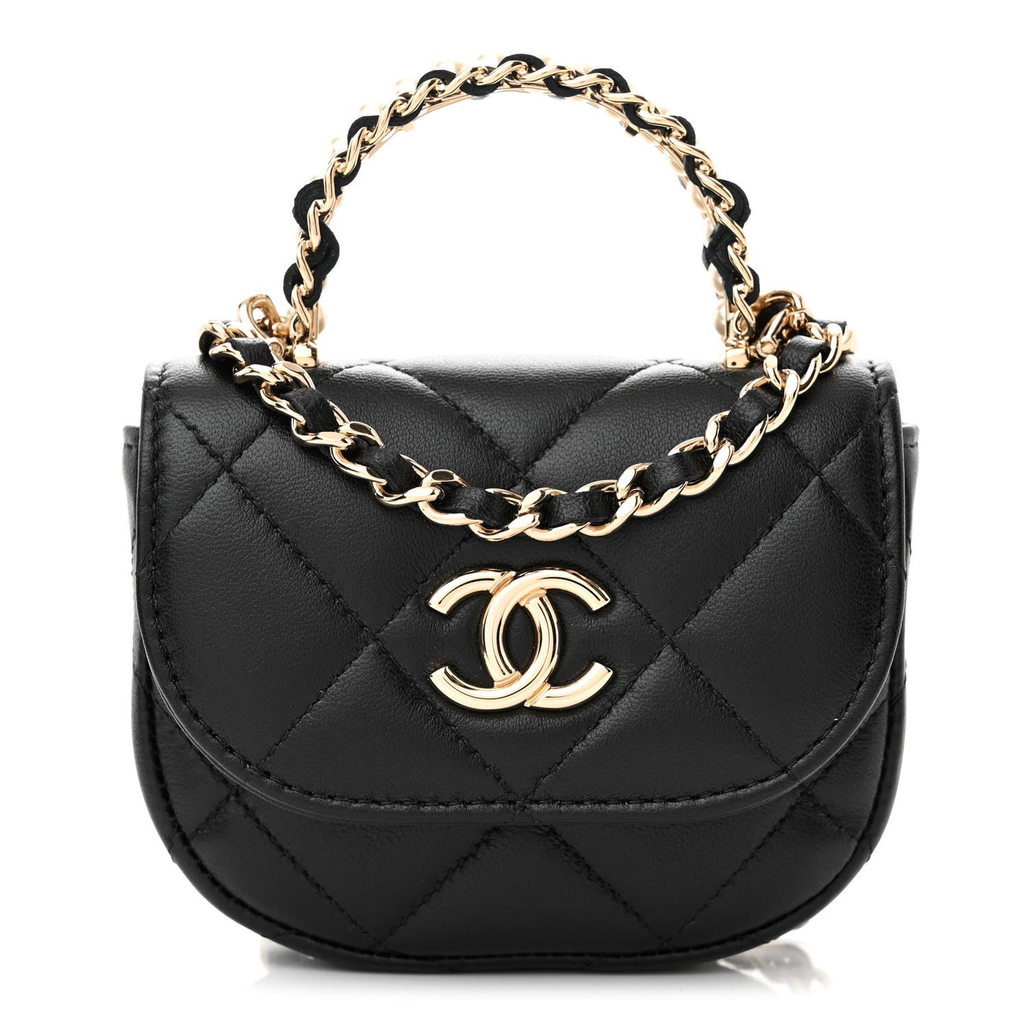 Chanel Lambskin Quilted Pearl Top Handle Clutch With Chain Black 1 of 12