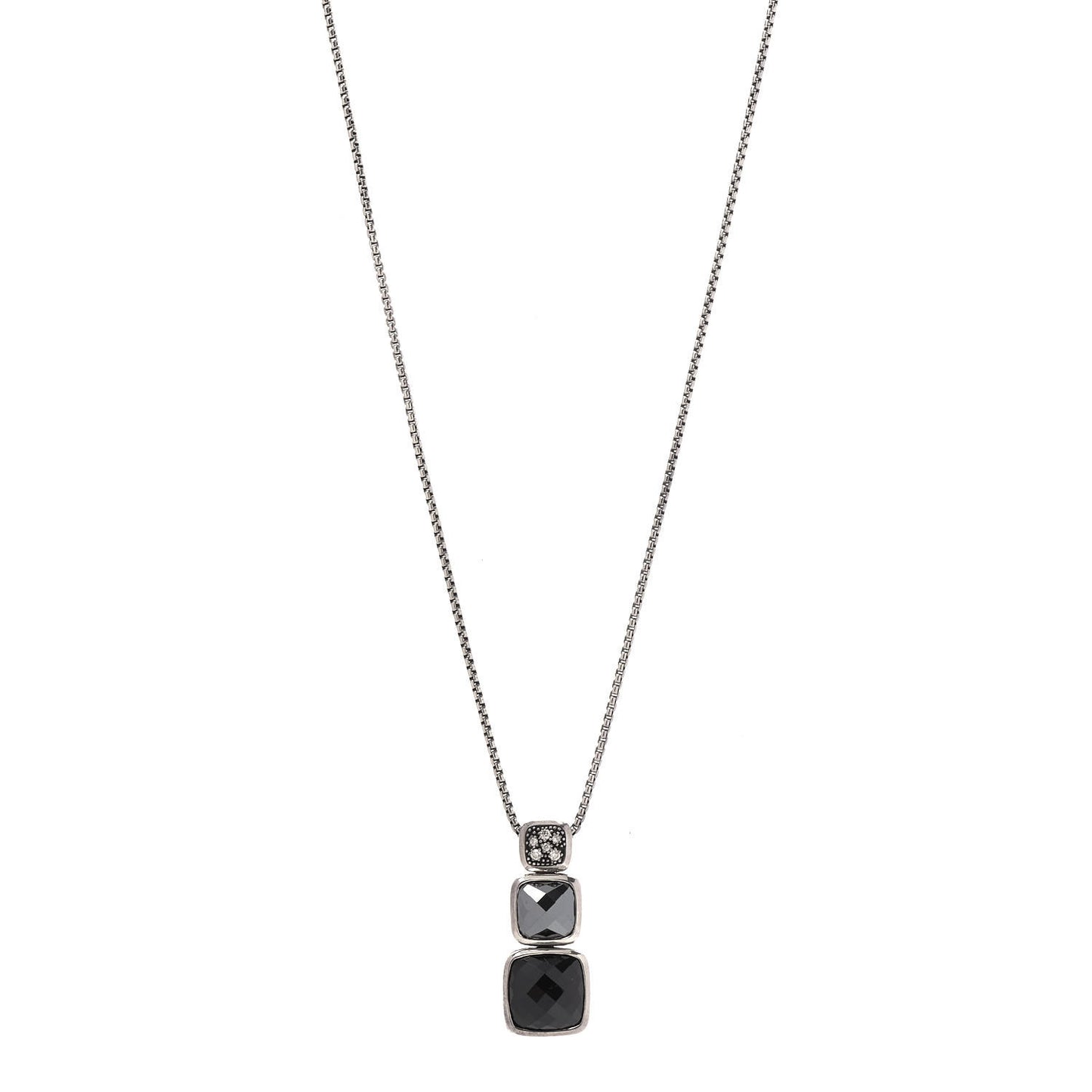 Sterling Silver Diamond Hematine Onyx Chiclet Drop Necklace