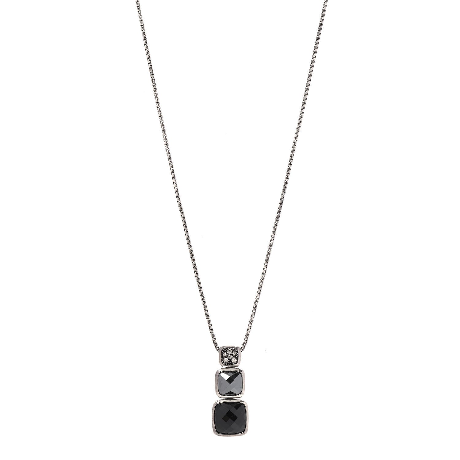 David Yurman Sterling Silver Diamond Hematine Onyx Chiclet Drop Necklace 1 of 5
