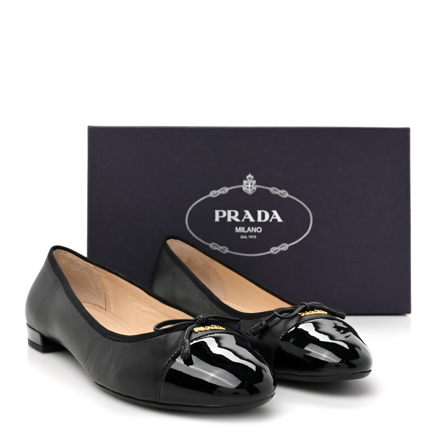 Nappa Vernice Cap Toe Logo Bow Ballerina Flats 38.5 Black