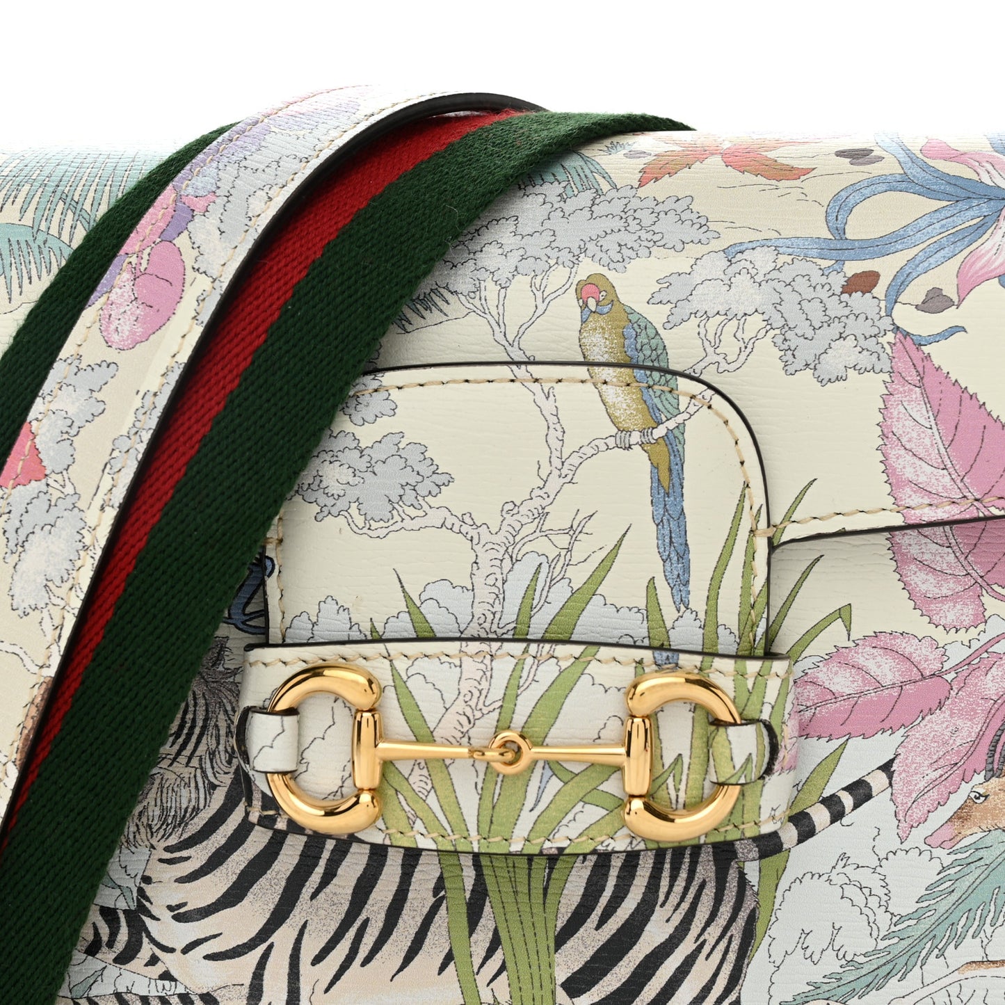 New Shangai Calfskin Tiger Savanah Web Mini Horsebit 1955 Shoulder Bag Chalky White Multicolor