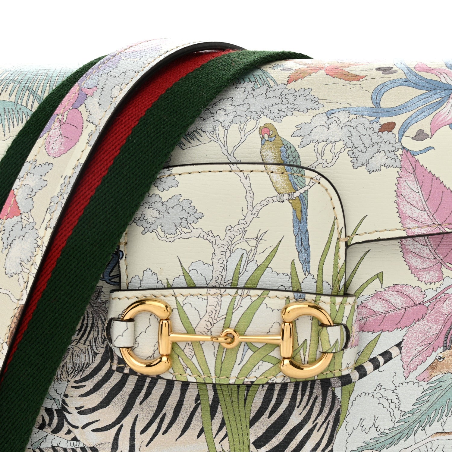 Gucci New Shangai Calfskin Tiger Savanah Web Mini Horsebit 1955 Shoulder Bag Chalky White Multicolor 8 of 10