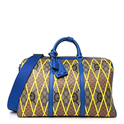 Gucci GG Supreme Monogram Mix Textured Dollar Calfskin Rhombus Inlay Duffle Bag Beige Ebony Harvest Joy Blue 1 of 8