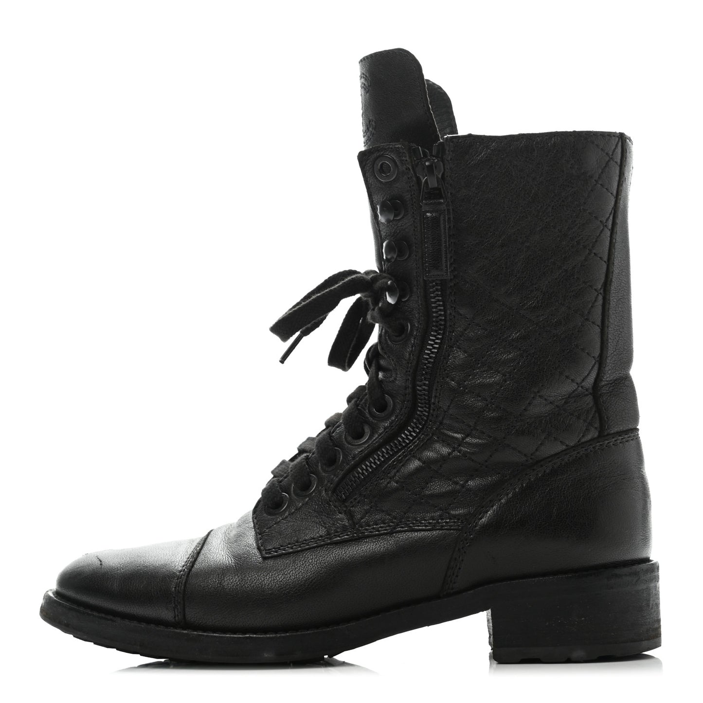 Calfskin Quilted Lace Up Combat Boots 40 Black