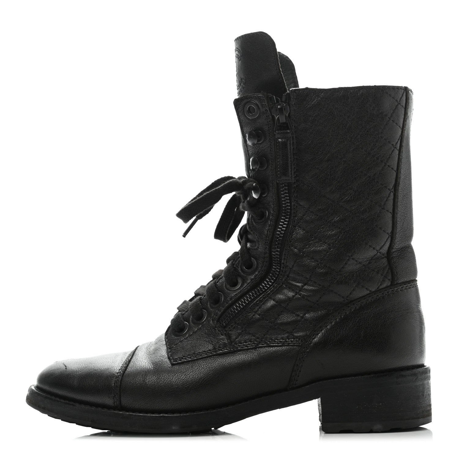 Chanel Calfskin Quilted Lace Up Combat Boots 40 Black 1 of 15