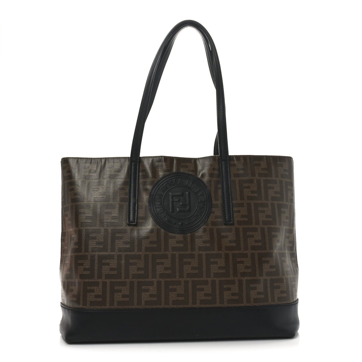 Fendi Glazed Fabric Vitello Century FF 1974 Stamp Patch Shopping Tote Mogano Panna Black 1 of 10