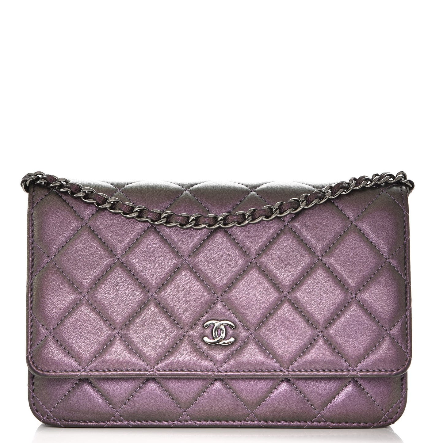 Iridescent Lambskin Quilted Wallet On Chain WOC Purple
