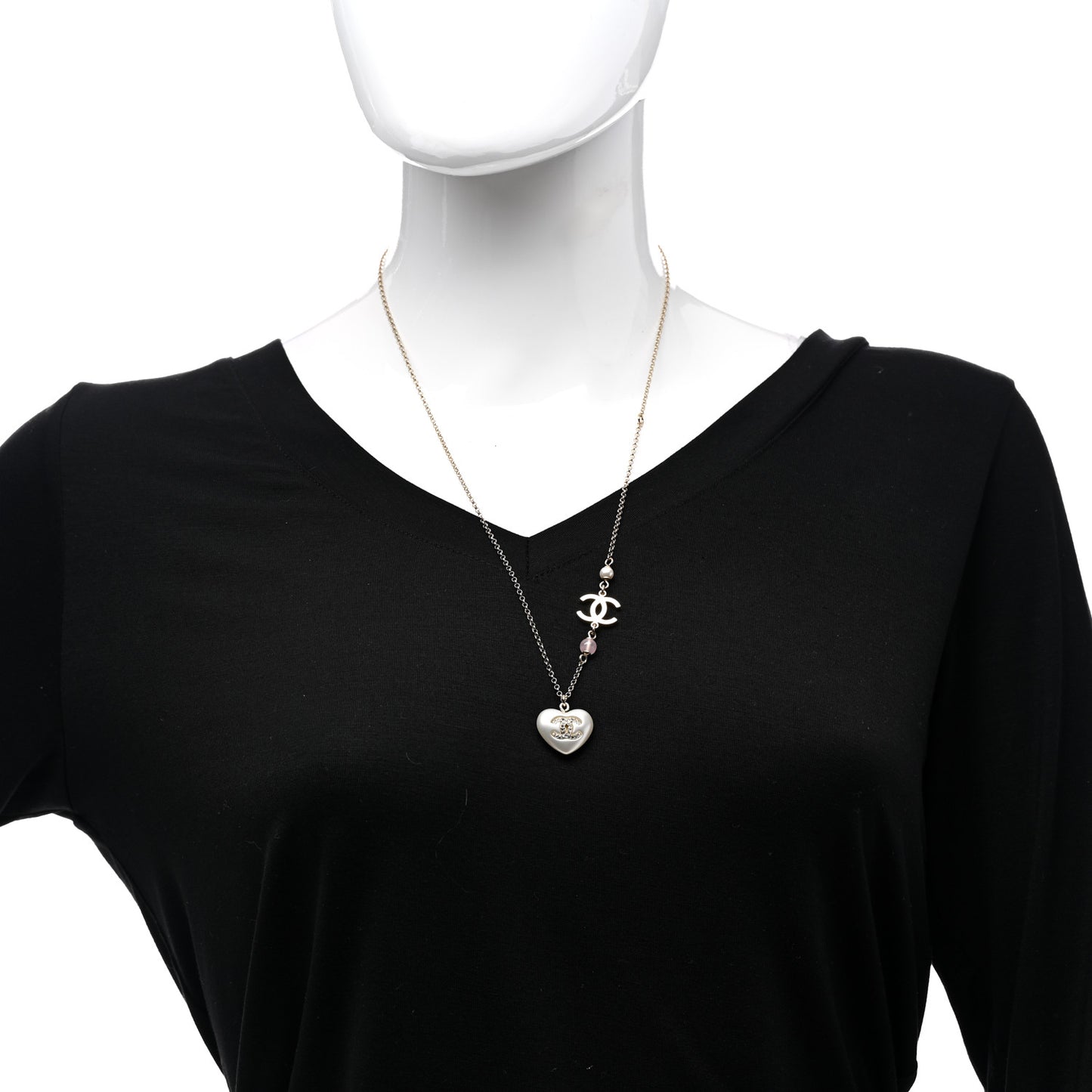Resin Crystal CC Heart Necklace Pearly White Gold