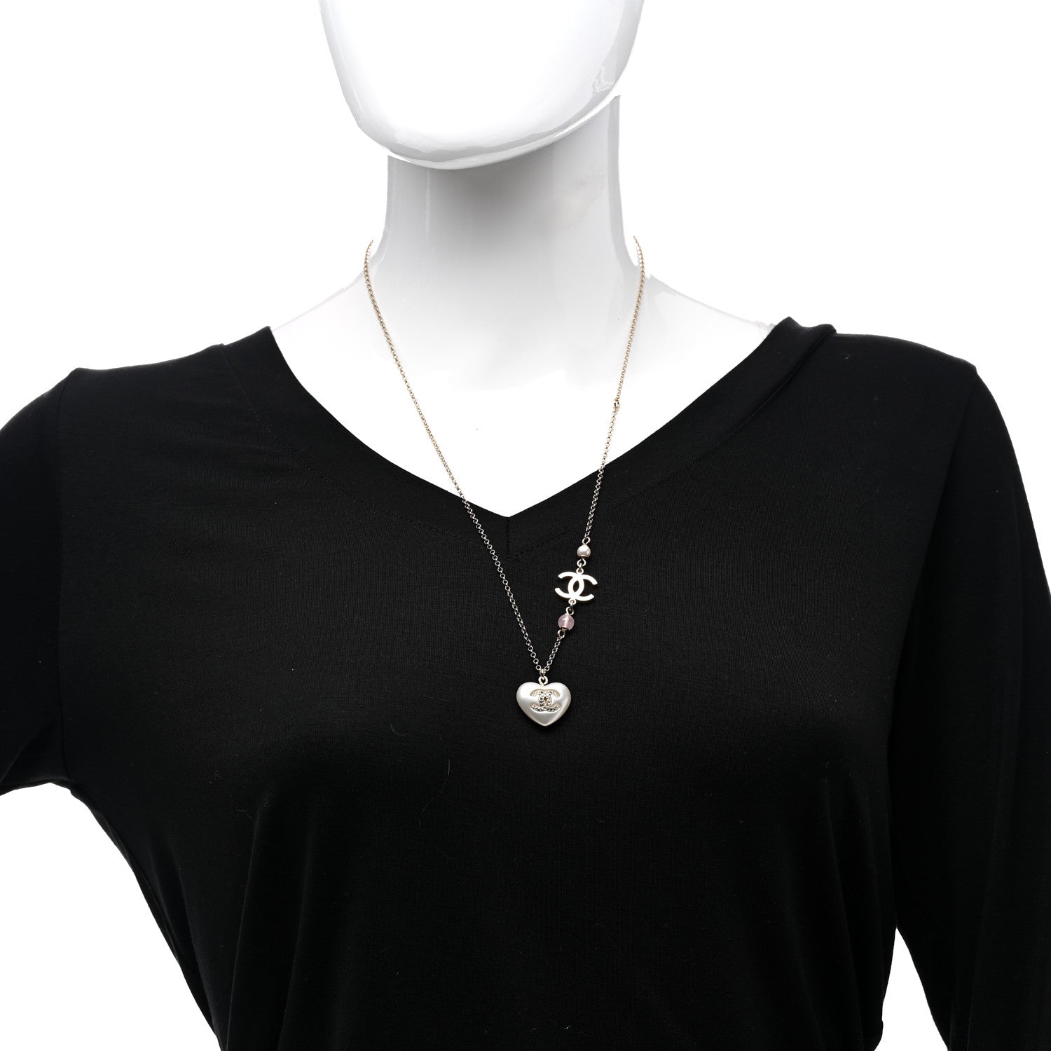 Chanel Resin Crystal CC Heart Necklace Pearly White Gold 2 of 6
