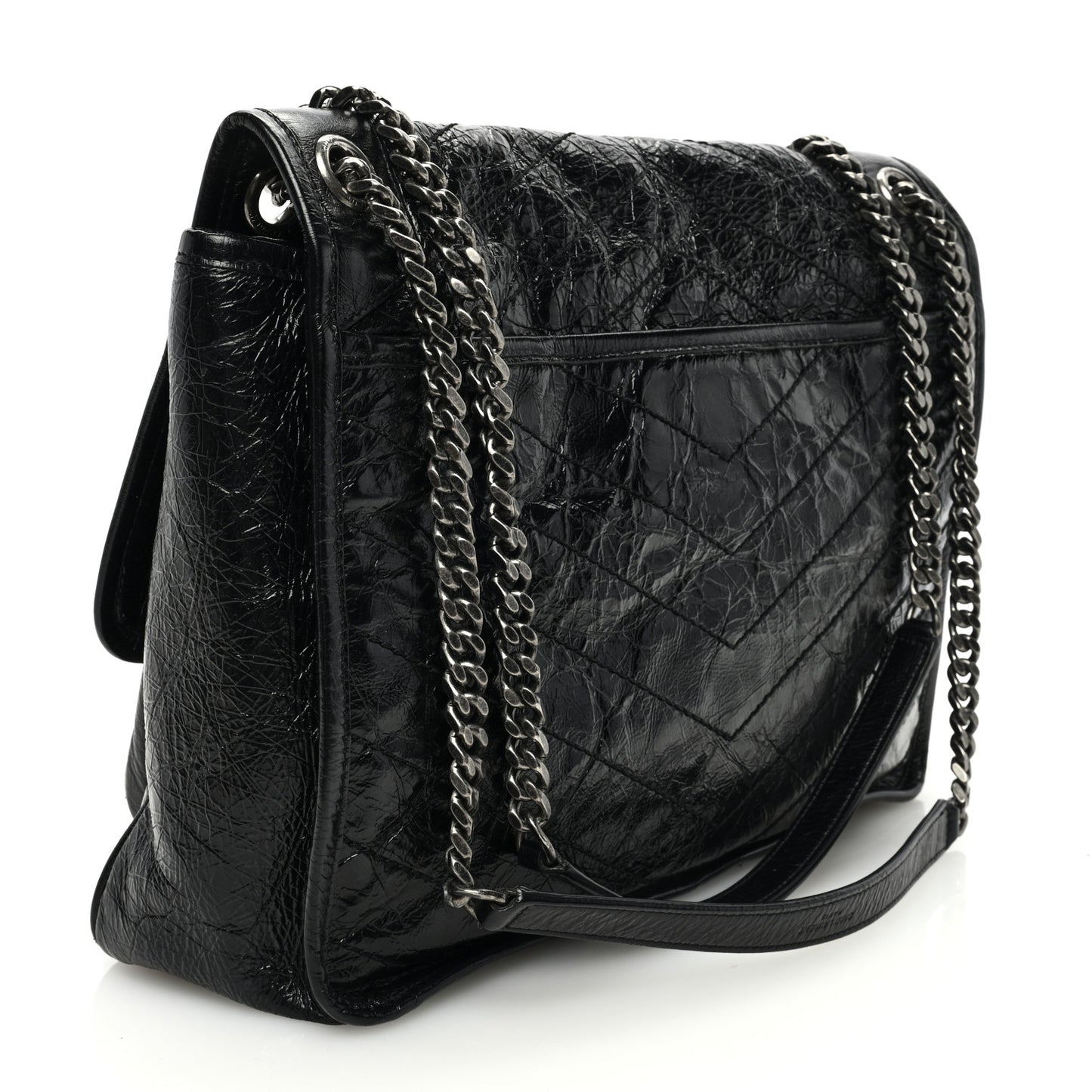 Crinkled Calfskin Matelasse Monogram Large Niki Chain Satchel Black