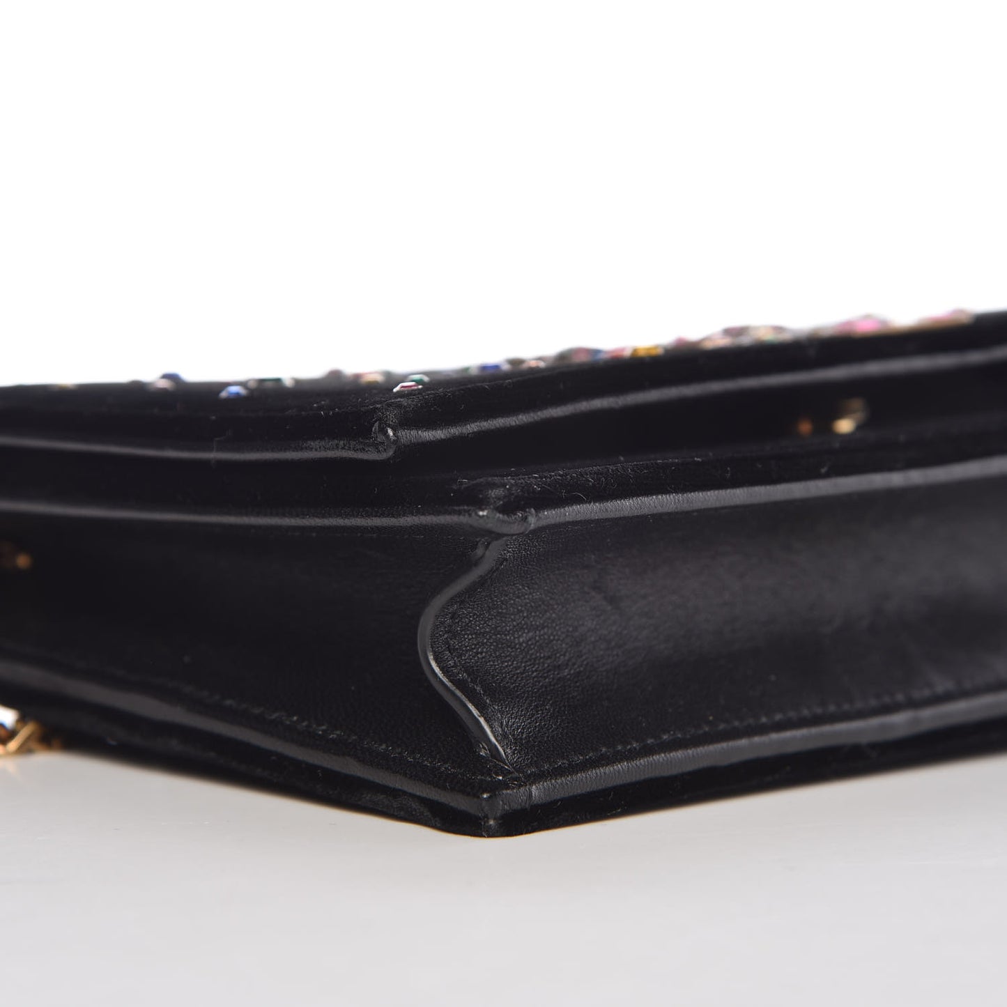Velvet Crystal Embellished Monogram Kate Chain Wallet Black