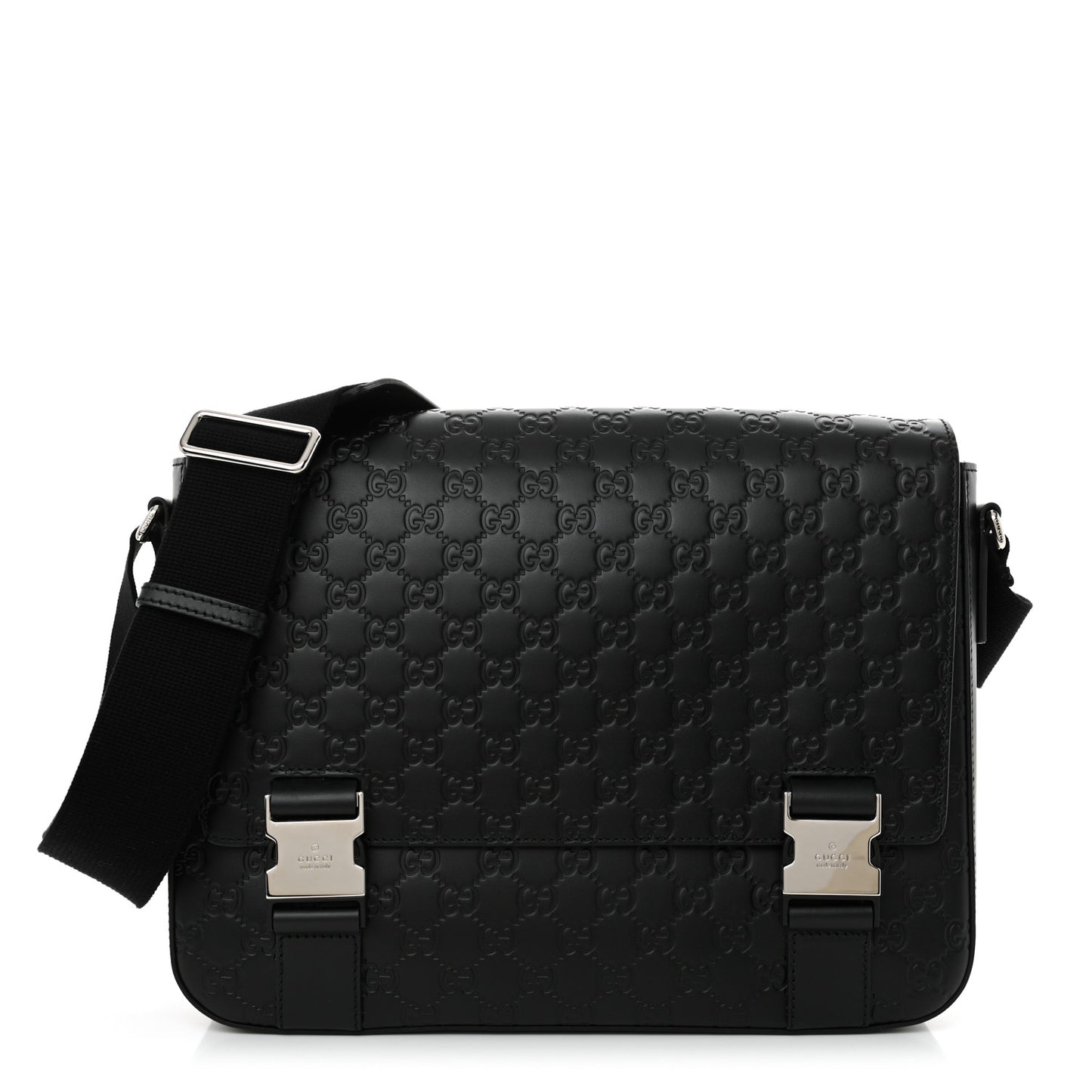 Guccissima Signature Medium Double Buckle Flap Messenger Bag Black