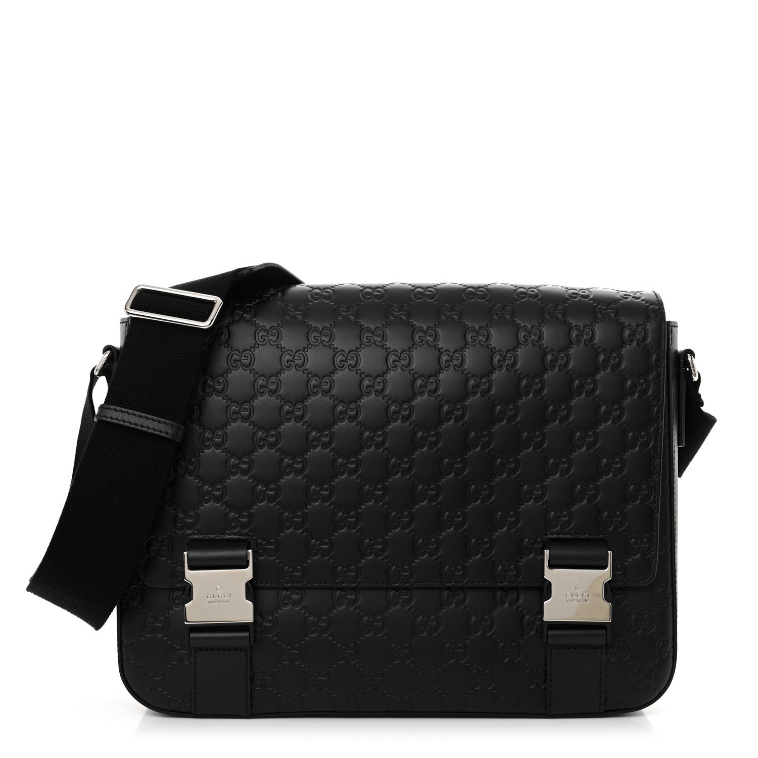 Gucci Guccissima Signature Medium Double Buckle Flap Messenger Bag Black 1 of 12