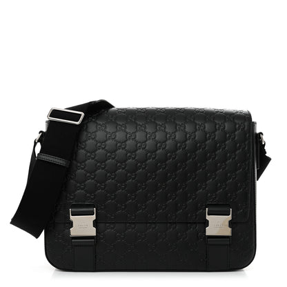 Gucci Guccissima Signature Medium Double Buckle Flap Messenger Bag Black 1 of 12