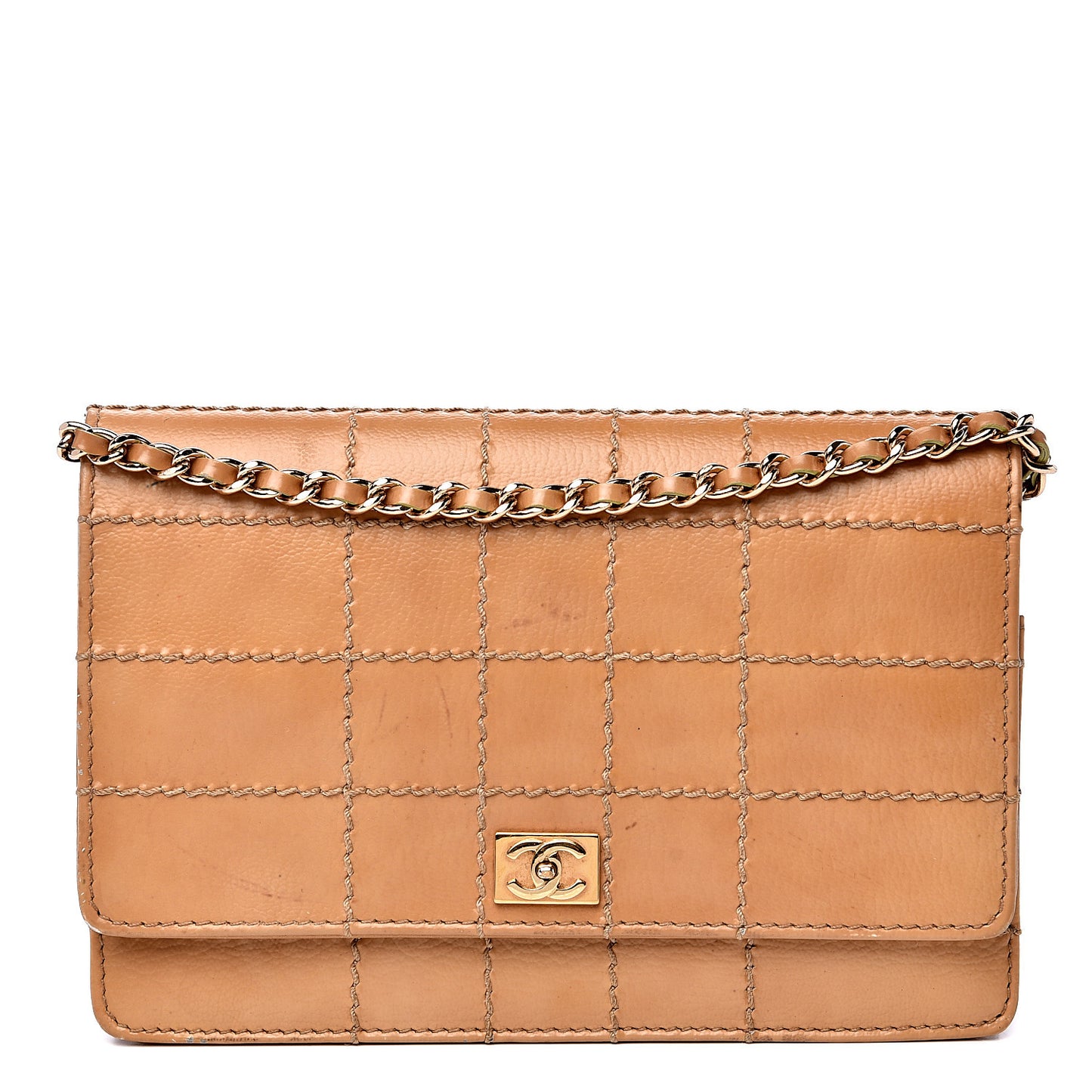 Calfskin Stitched Square Quilted Wallet On Chain WOC Beige