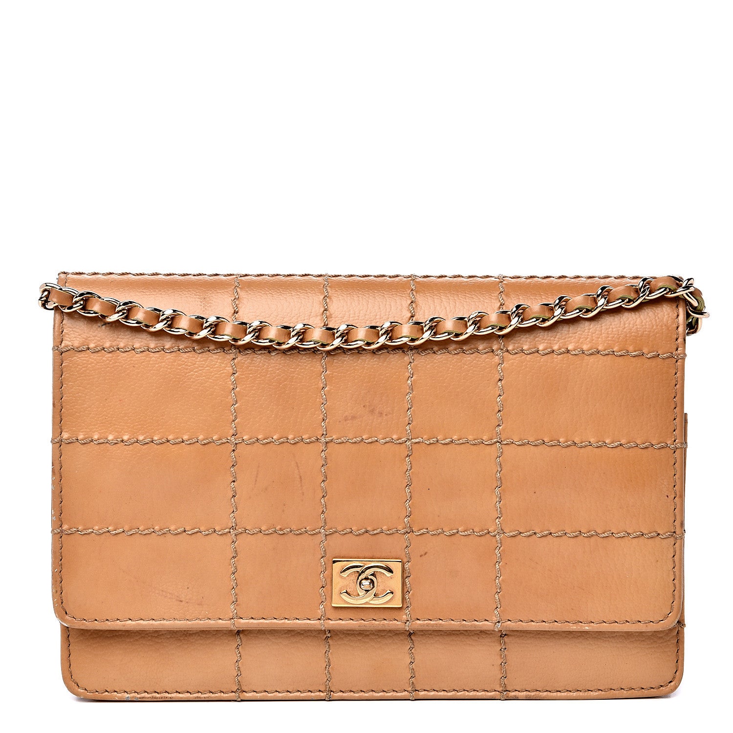 Chanel Calfskin Stitched Square Quilted Wallet On Chain WOC Beige 1 of 17