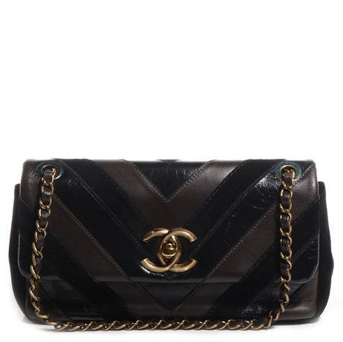 Chanel Suede Lambskin Glazed Calfskin Lady Vintage Chevron Flap Black Brown 1 of 9