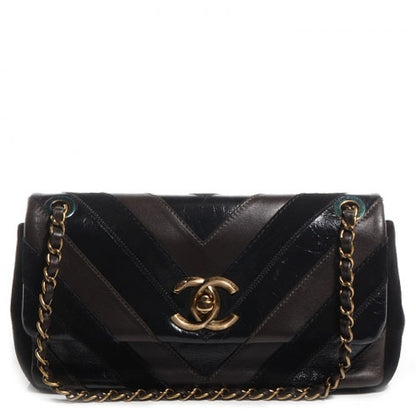 Chanel Suede Lambskin Glazed Calfskin Lady Vintage Chevron Flap Black Brown 1 of 9