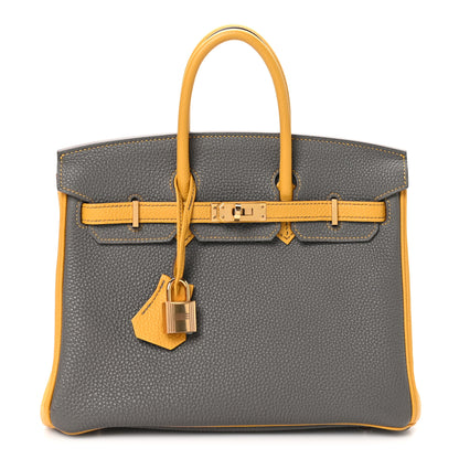 Hermes Togo Bi-Color Horseshoe Birkin 25 Etoupe Jaune Ambre 1 of 10