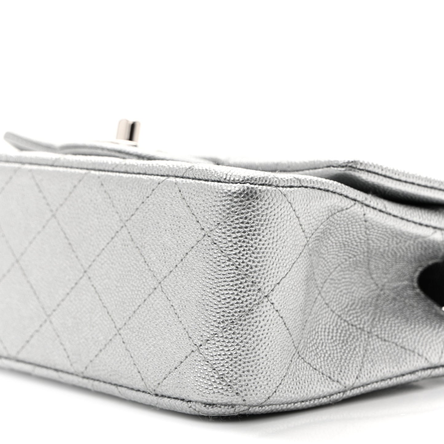 Metallic Caviar Quilted Mini Top Handle Rectangular Flap Silver