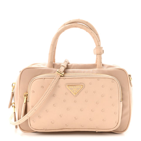 Re-Nylon Ostrich Bauletto Bag Cammeo