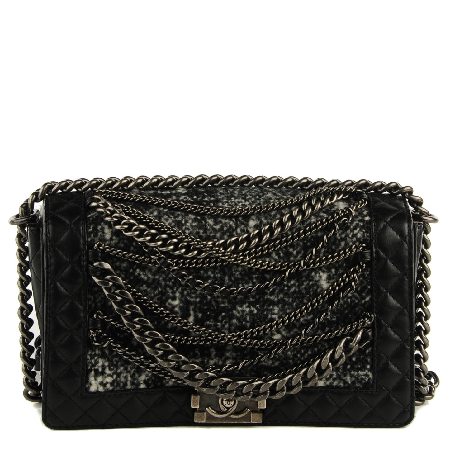 Calfskin Tweed Enchained Medium Boy Flap Black