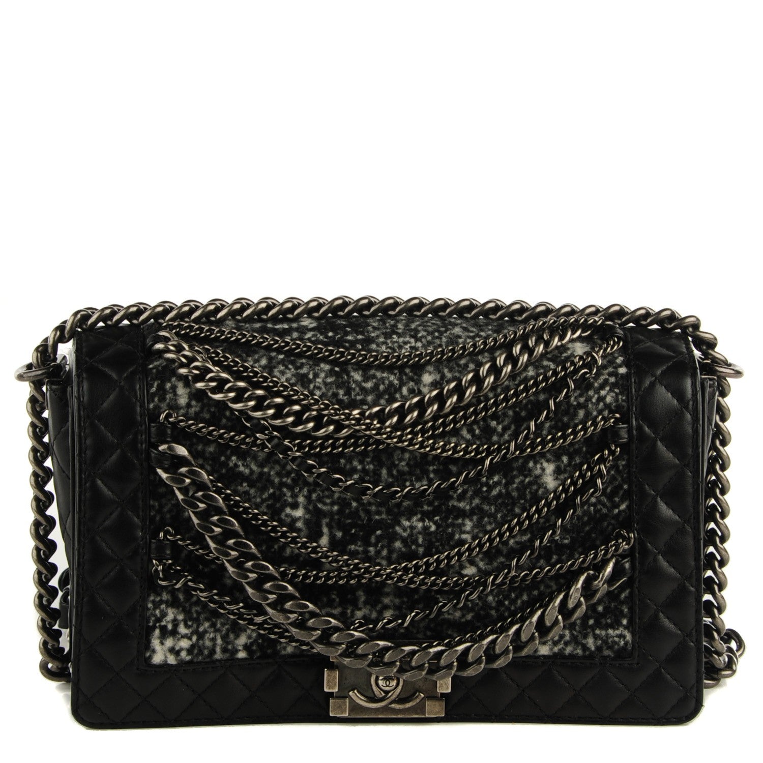 Chanel Calfskin Tweed Enchained Medium Boy Flap Black 1 of 8
