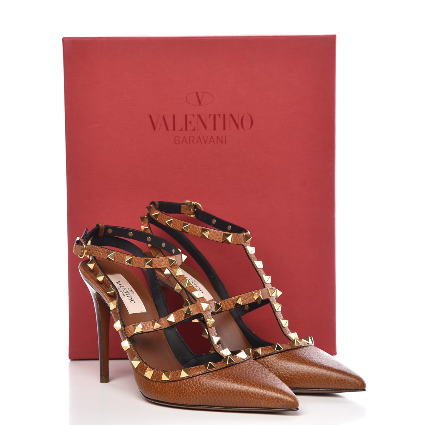 Pebbled Calfskin Rockstud Ankle Strap 100mm Pumps 38.5 Cuoio