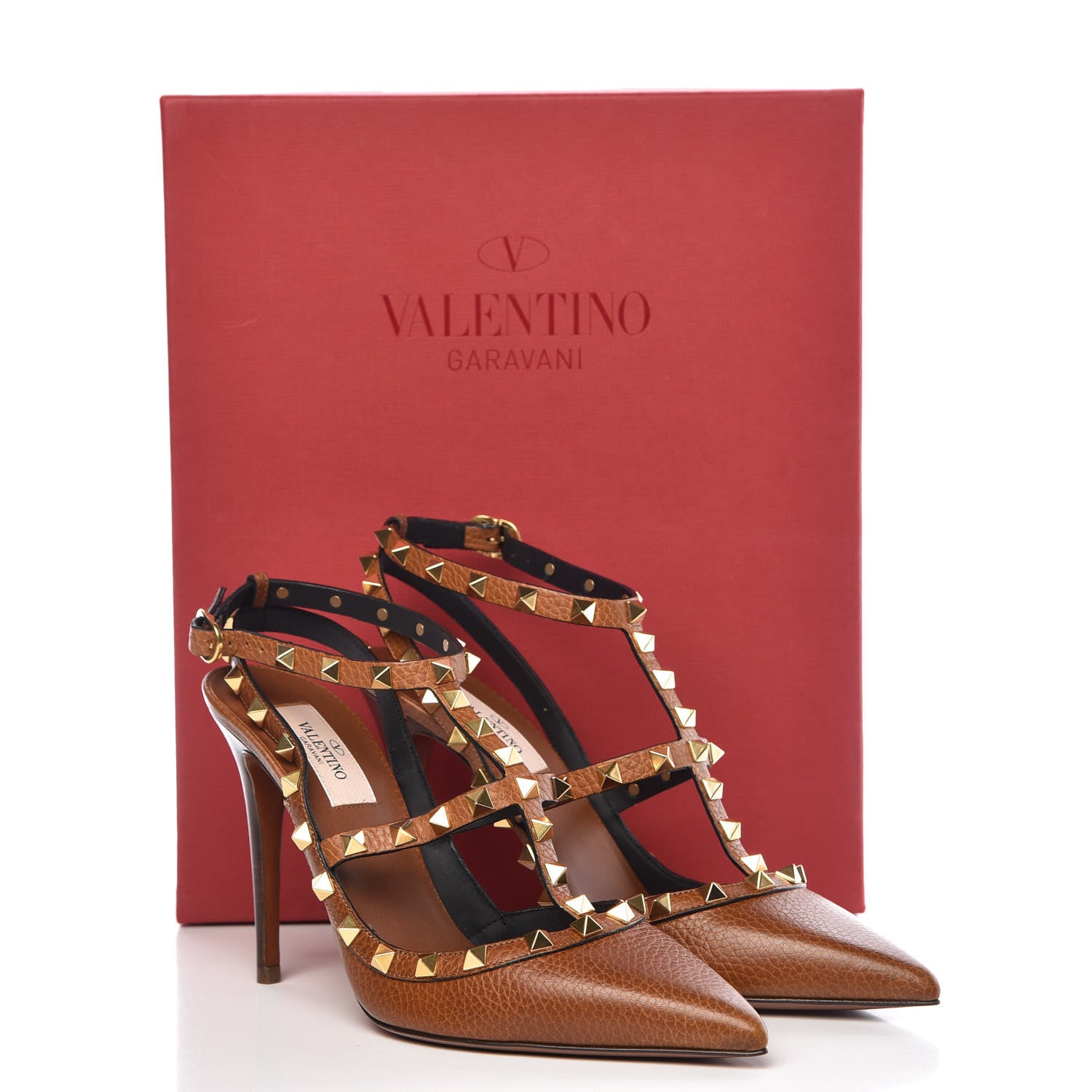 Valentino Garavani Pebbled Calfskin Rockstud Ankle Strap 100mm Pumps 38.5 Cuoio 9 of 9