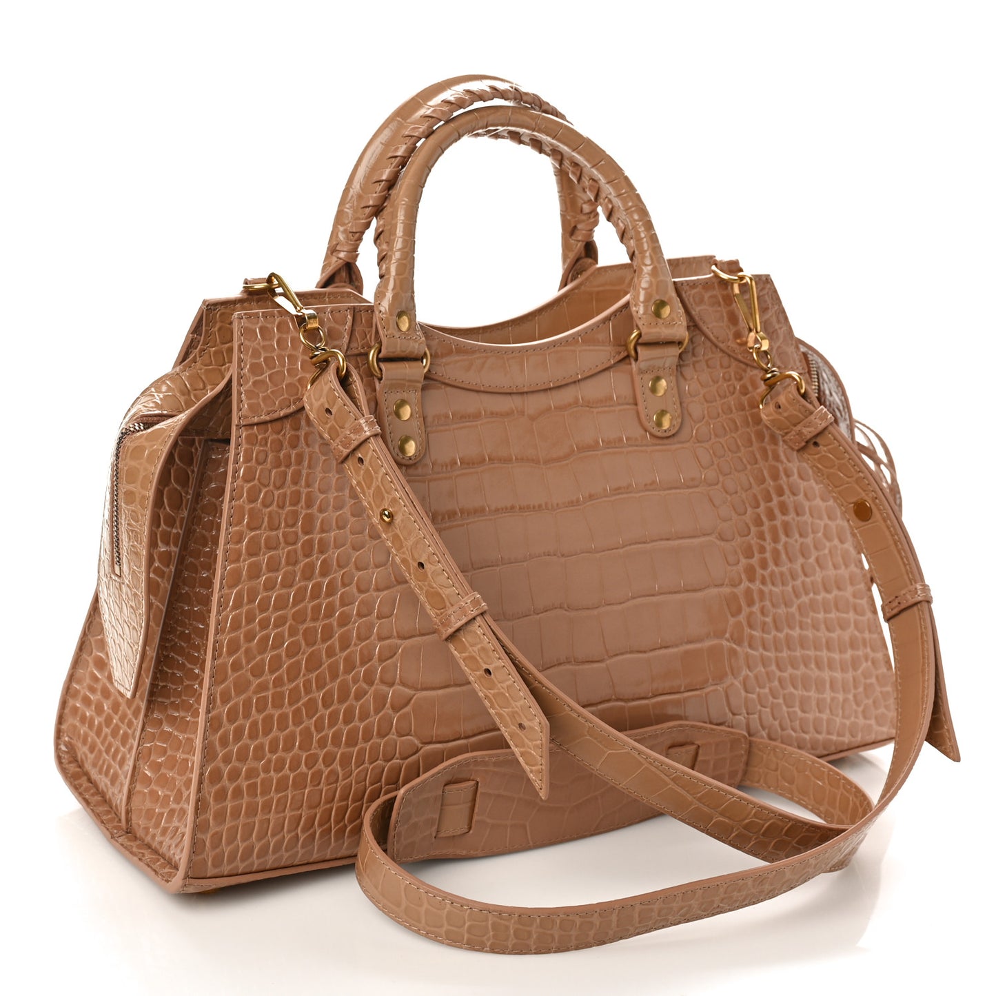Shiny Supple Calfskin Crocodile Embossed Neo Classic Gold Hardware City Nude Beige