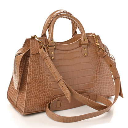 Balenciaga Shiny Supple Calfskin Crocodile Embossed Neo Classic Gold Hardware City Nude Beige 3 of 9