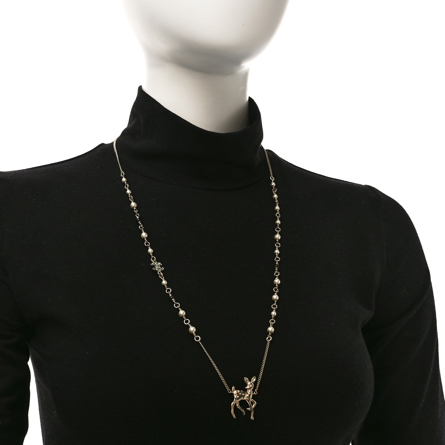 Chanel Metal Crystal Pearl Deer Pendant Necklace Green Black Gold 2 of 5