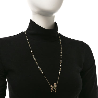 Chanel Metal Crystal Pearl Deer Pendant Necklace Green Black Gold 2 of 5