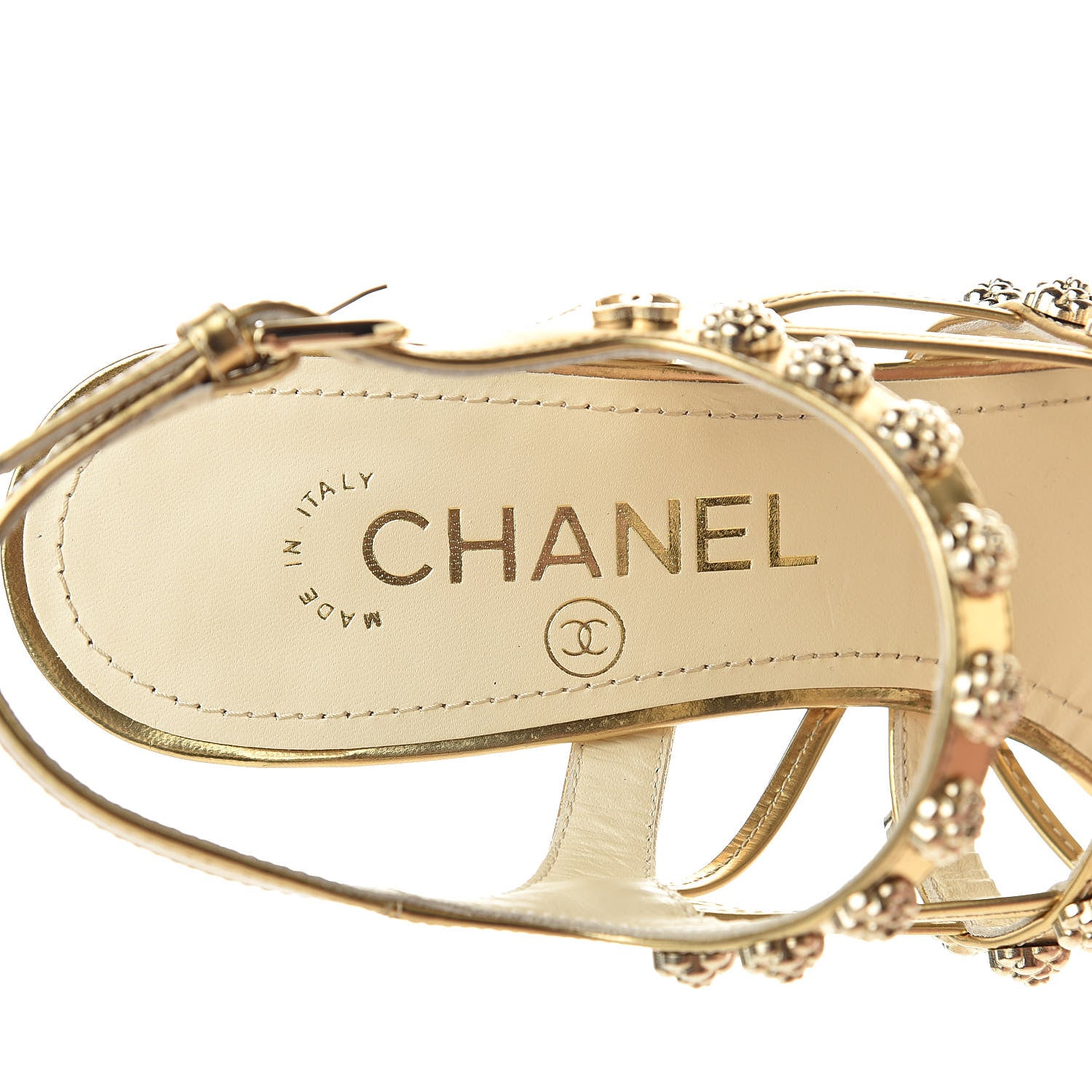 Chanel Mirror Calfskin Camellia Sandals 37.5 Gold 6 of 12