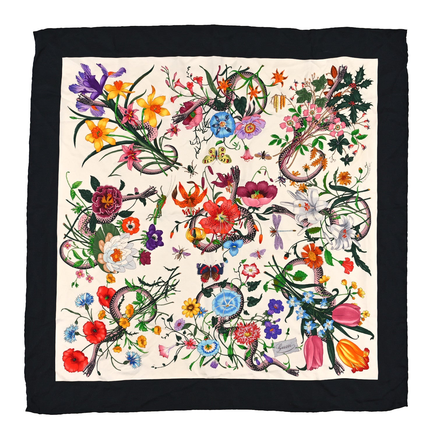 Gucci Silk Twill Flora Snake Square Scarf Ivory Black 1 of 3