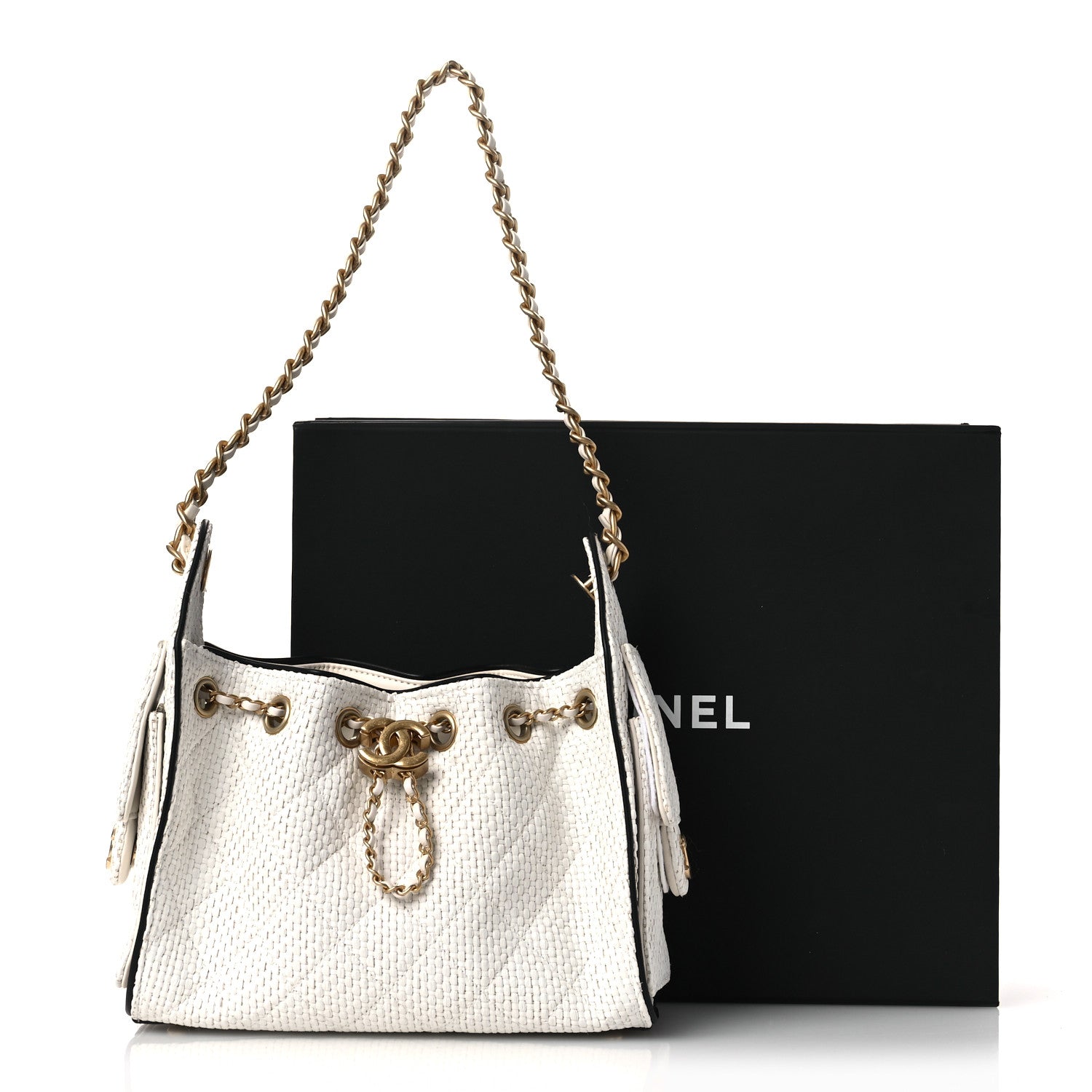 Chanel Braided Raffia Calfskin Mini Chanel 25 Handbag White Black