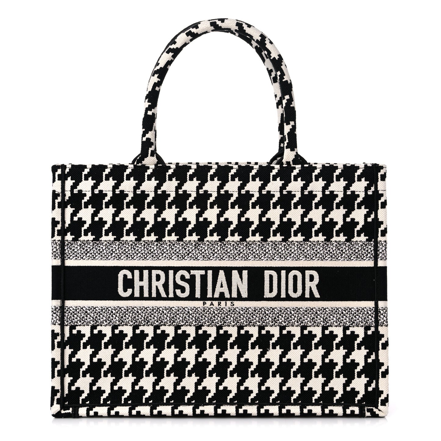 Canvas Macro Houndstooth Embroidered Medium Book Tote Black White
