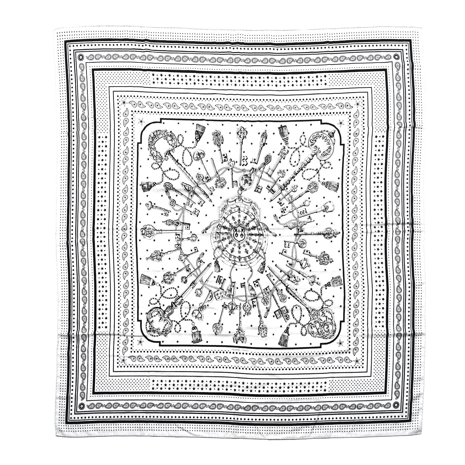Hermes Cashmere Silk Les Cles Bandana Shawl 140 Gris Chine Black 1 of 4