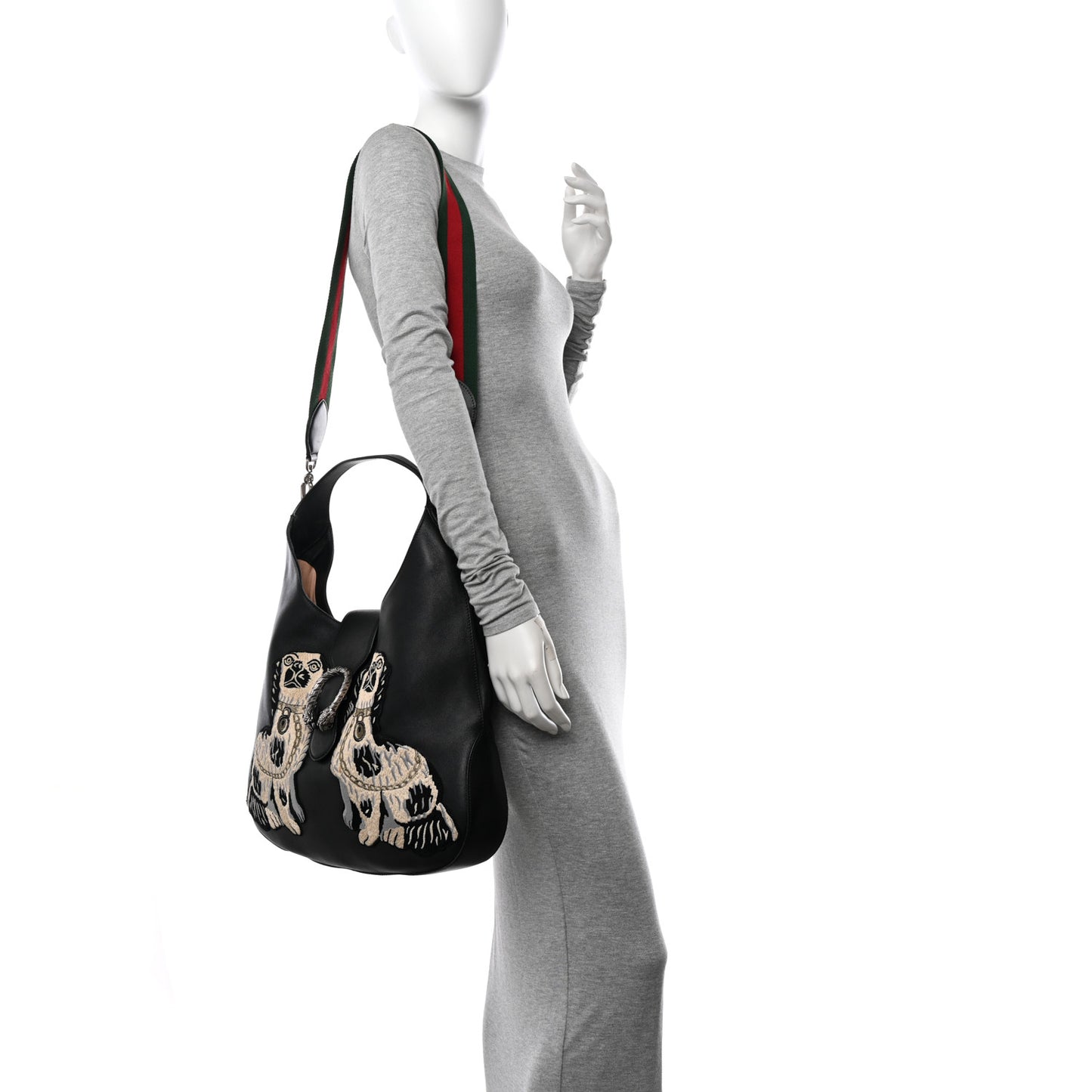 Calfskin Web Dog Embroidered Large Dionysus Hobo Black