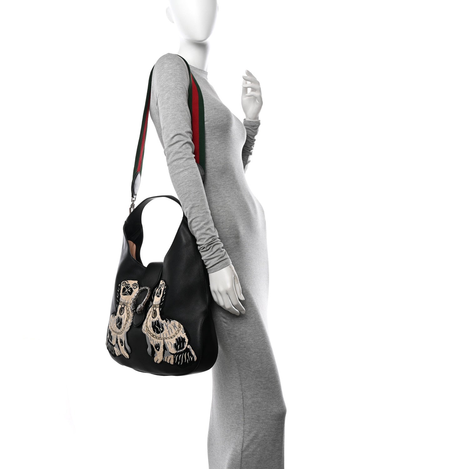 Gucci Calfskin Web Dog Embroidered Large Dionysus Hobo Black 2 of 13