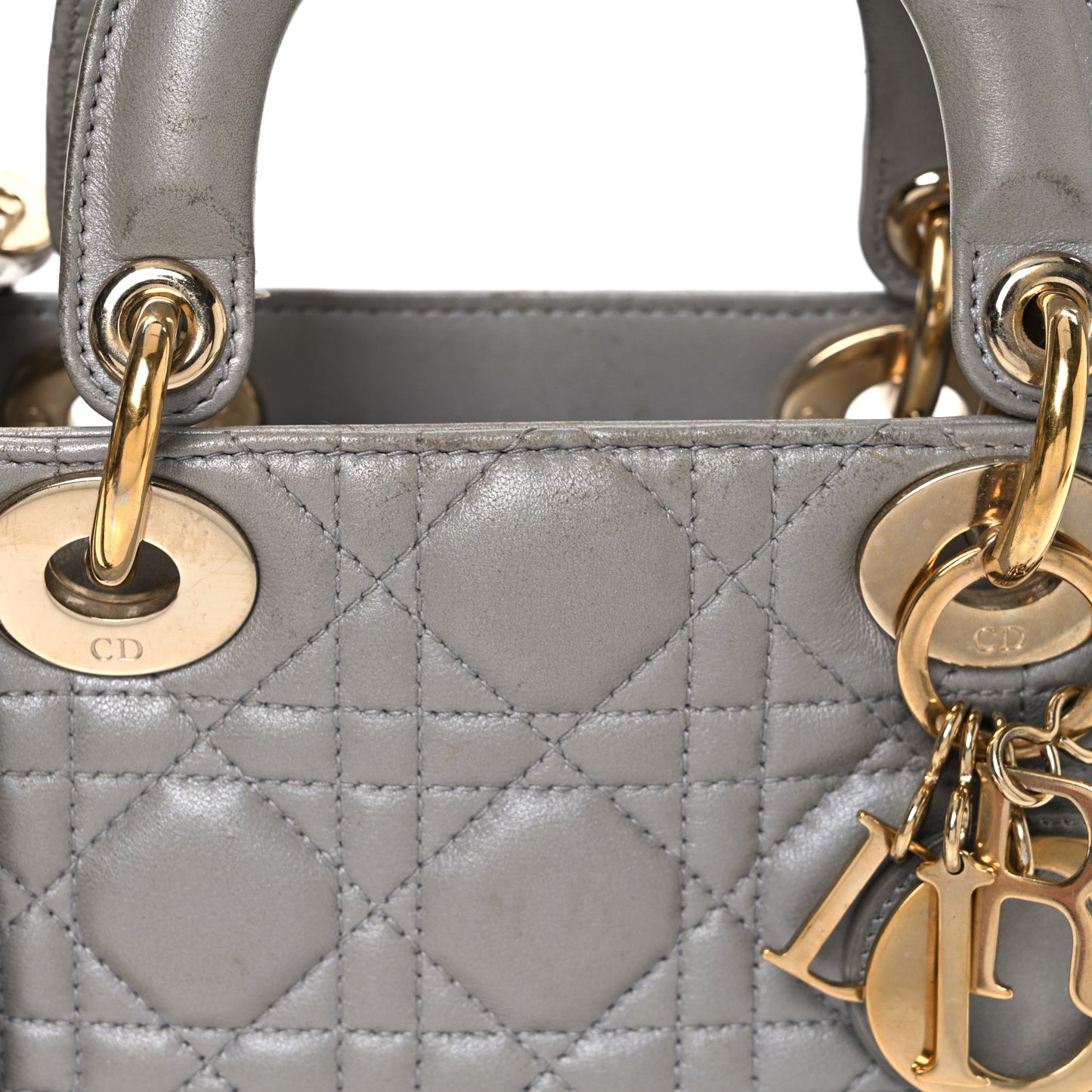 Metallic Lambskin Cannage Mini Lady Dior Grey