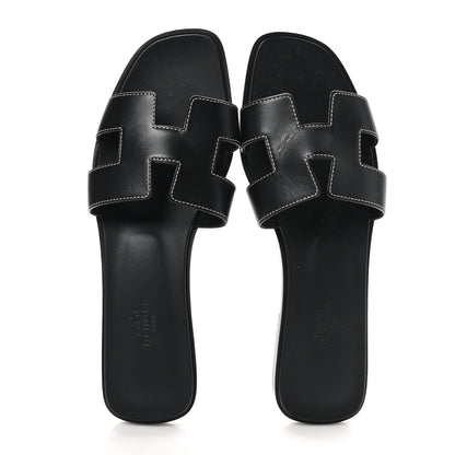 Hermes Box Calfskin Oran Sandals 39.5 Black 2 of 9