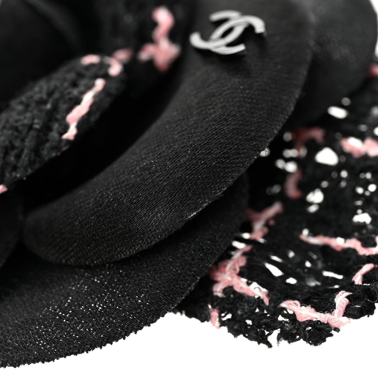 Tweed Camellia Pin Brooch Black Pink