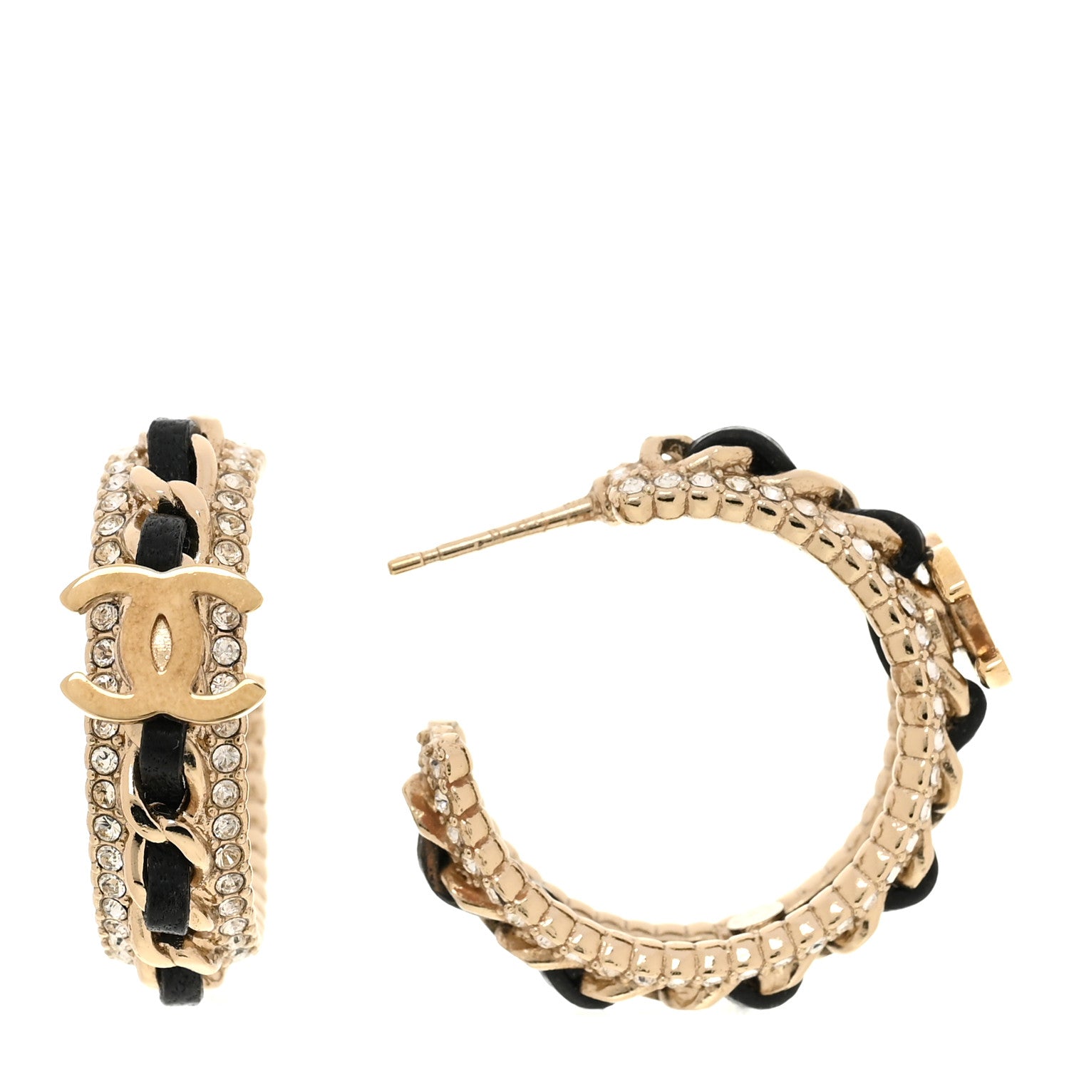 Chanel Crystal Lambskin CC Chain Hoop Earrings Gold Black 1 of 4